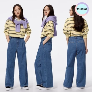 GU (พร้อมส่ง) กางเกงผ้าเดนิมส์ จับจีบ ทรงขากว้างตรง เอวสูง /GU Denim Tuck Trouser