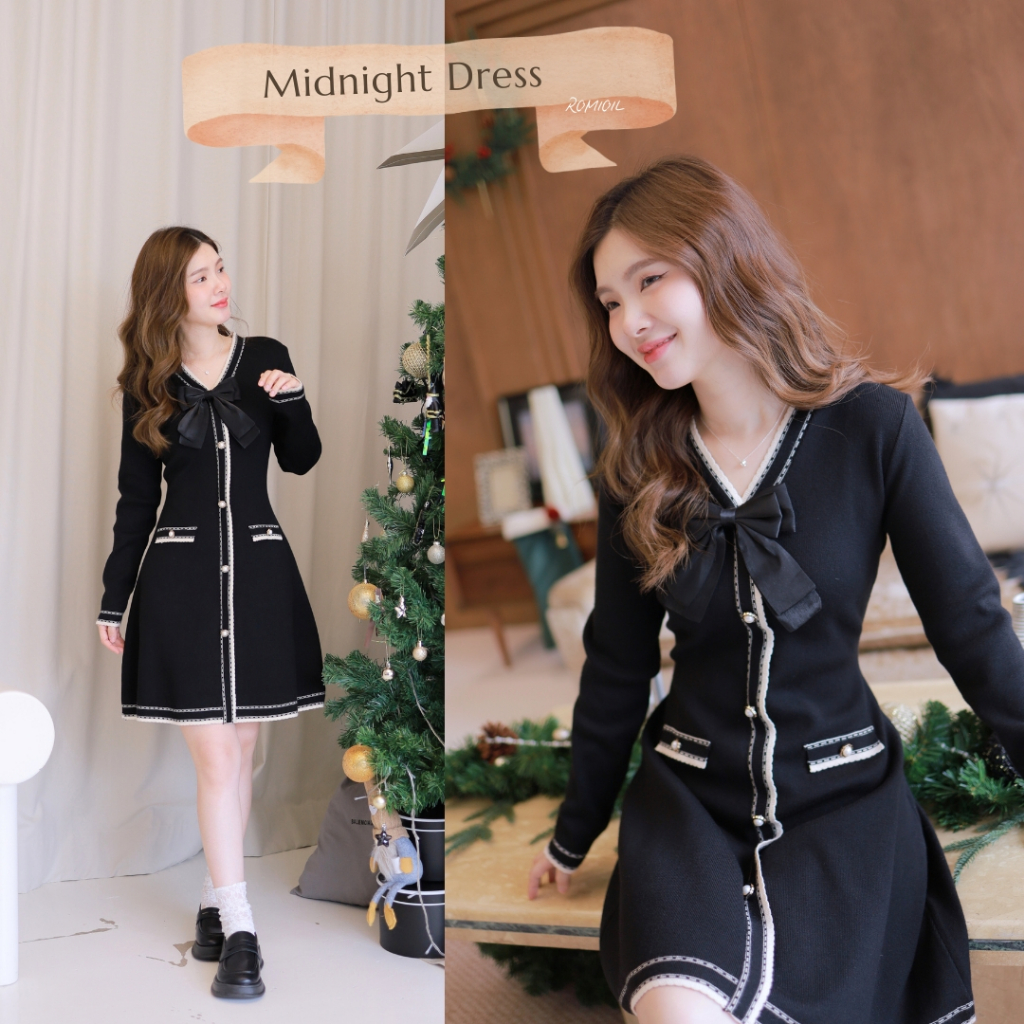 "Romi"Oil" Midnight Dress (black) G418 ชุดเดรสสีดำ (ไหมพรมแต่งโบว์ดำ)