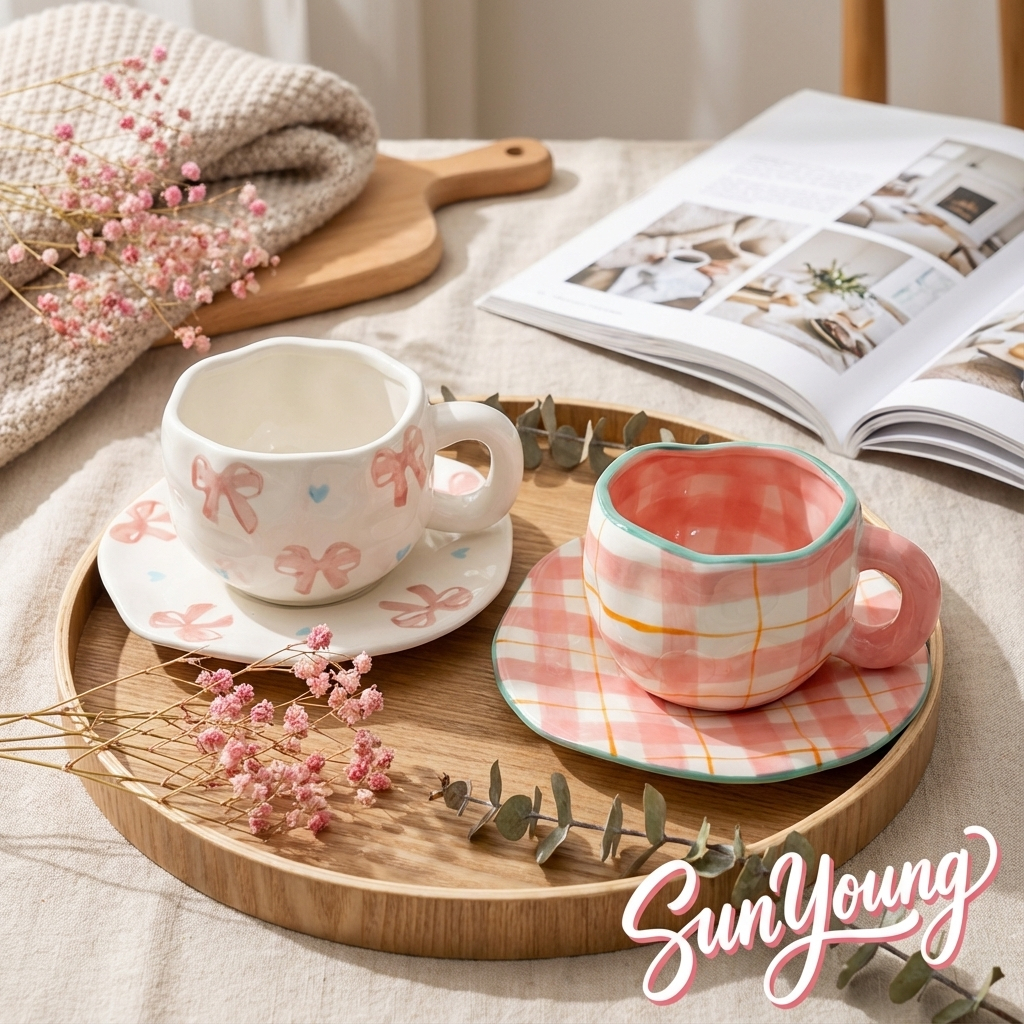 SunYoung แก้วกาแฟเซรามิค เพ้นท์มือ ลายโบว์ชมพู น่ารัก สไตล์เกาหลี แก้วมัค พร้อมจานรอง 🎀☕