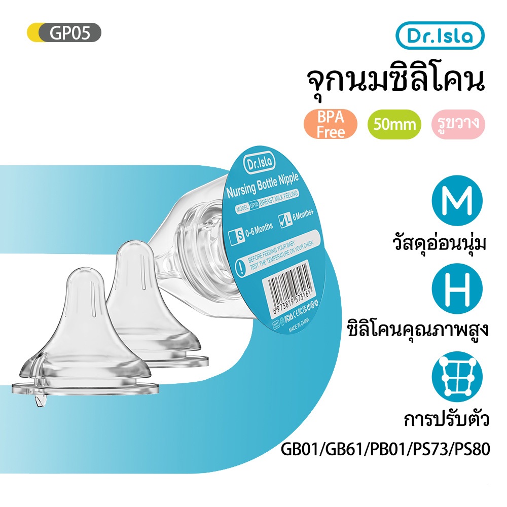 Dr.isla จุกนมสำรองสำหรับขวดนม วัสดุอ่อนนุ่ม จุกนมซิลิโคน BPA Free GP05