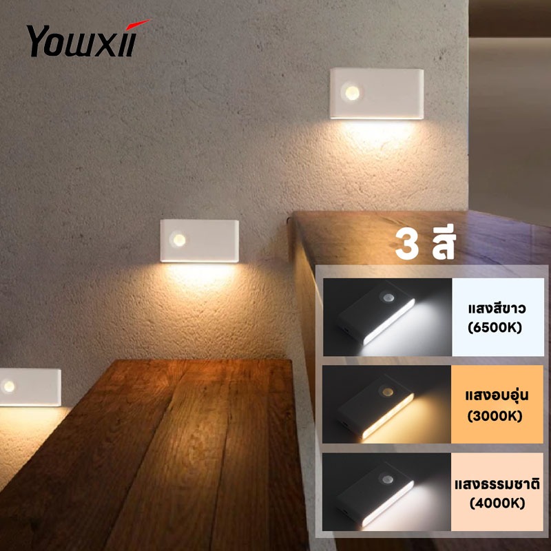YOWXII ไฟเซ็นเซอร์ เปิดได้ 3 แสง ไฟเปิดปิดอัตโนมัติ ตรวจจับความเคลื่อนไหว(สายชาร์จฟรี)