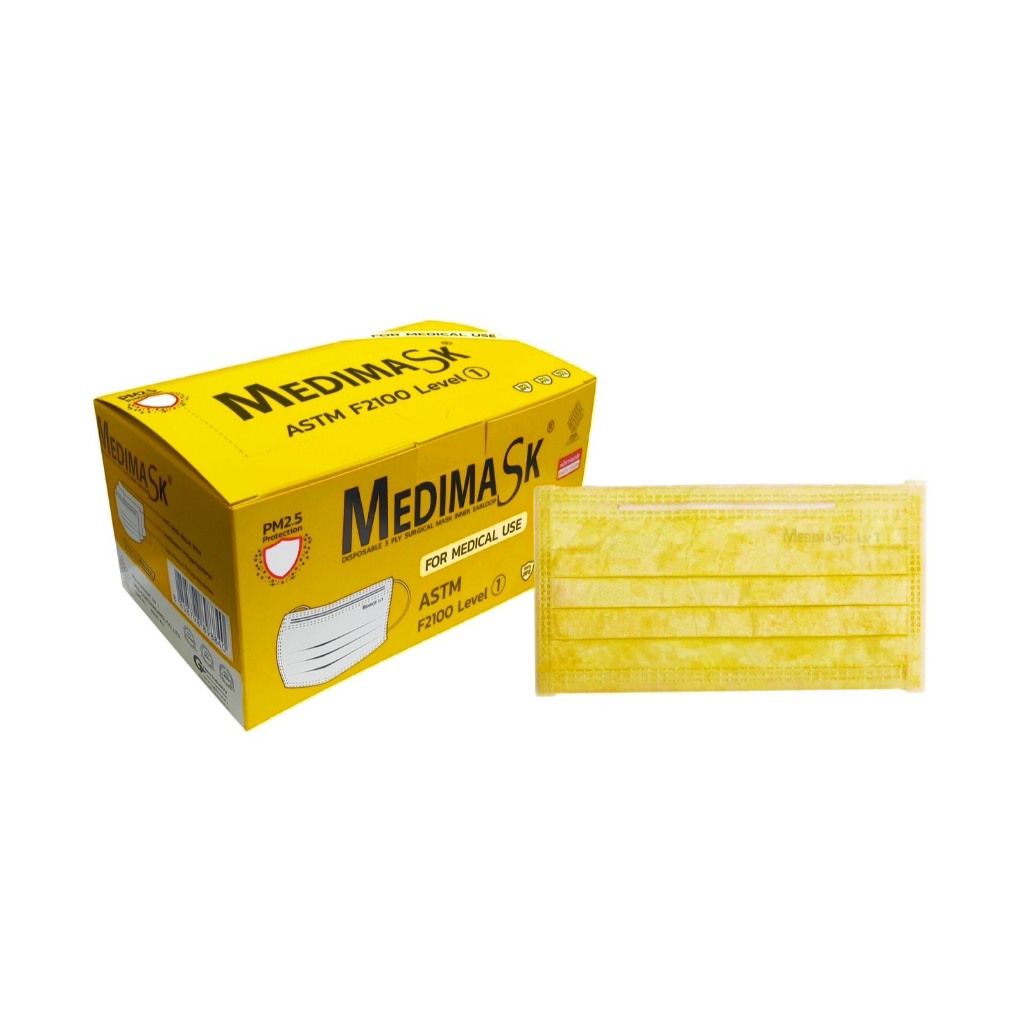 Medimask Yellow Facemask ASTM LV.1  หน้ากากอนามัยผู้ใหญ่สีเหลือง (เข้ม) (Made in Thailand)