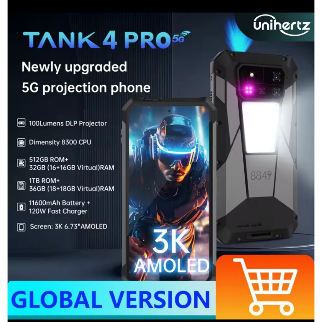 Unihertz8849 tank 4 Pro 5G AI โปรเจคเตอร์ แรม 32 GB รอม 512GB แบตเตอรี่ 11600mAh หน้าจอ 6.73" AMOLED