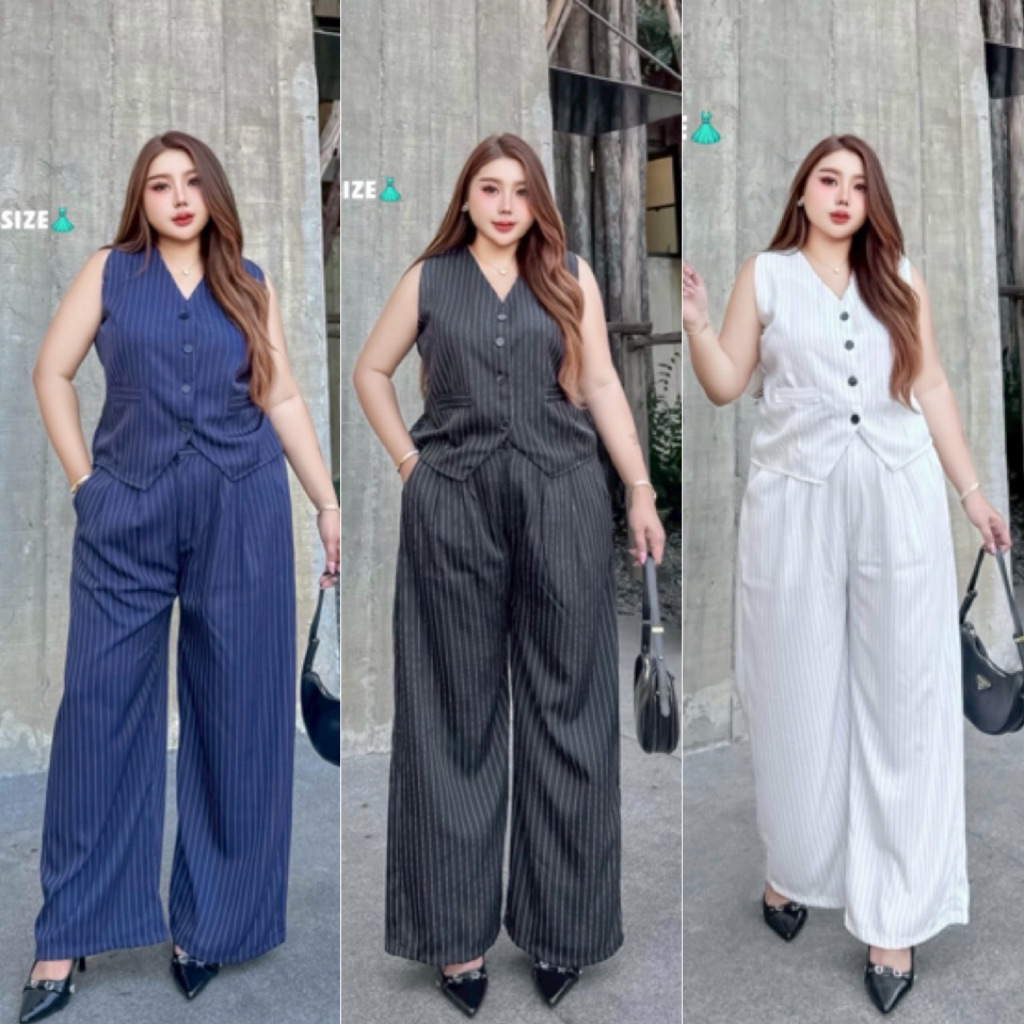ชุด set 2 ชิ้น เสื้อกั๊กสูทกระดุมหน้าลายริ้ว มาพร้อมกางเกงขายาว ไซส์ใหญ่YY