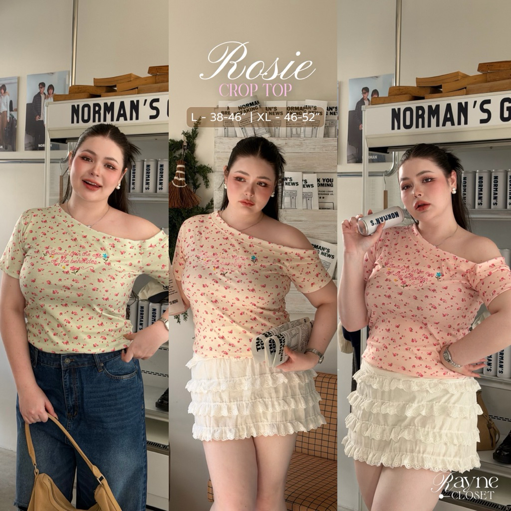 Rosie Crop Top - เสื้อครอปปาดไหล่ลายดอกกุหลาบ สกรีนอก (Plus-size) | RAYNE.CLOSET