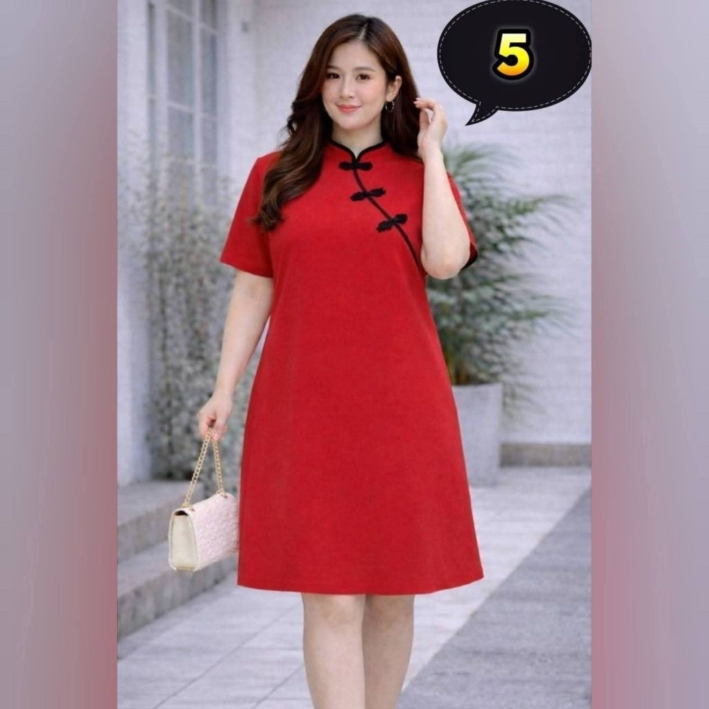 ชุดเดรส กี่เพ้า คอจีน ผ้าแดง ตรุษจีน เสื้อผ้าสาวอวบ พร้อมส่ง