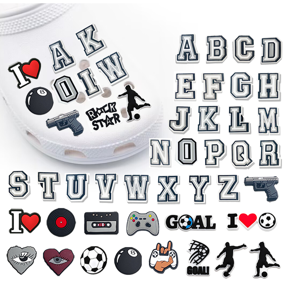 Hot 💥1pcs ซีรีส์สีเทา shoe Charms DIY ถอดออกได้ ลายหัวใจตัวอักษรสไตล์ Y2K สุดอินเทรนด์ sandal pin สติ๊กเกอร์ติดรองเท้า