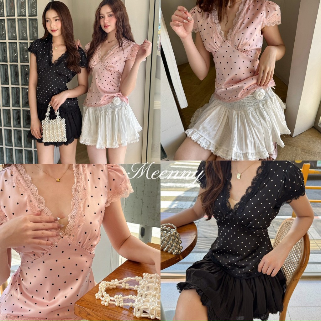 Meenny Closet | NN02 (มีSize) เสื้อน่ารักโพากาดอทเเต่งลูกไม้ MEENNY