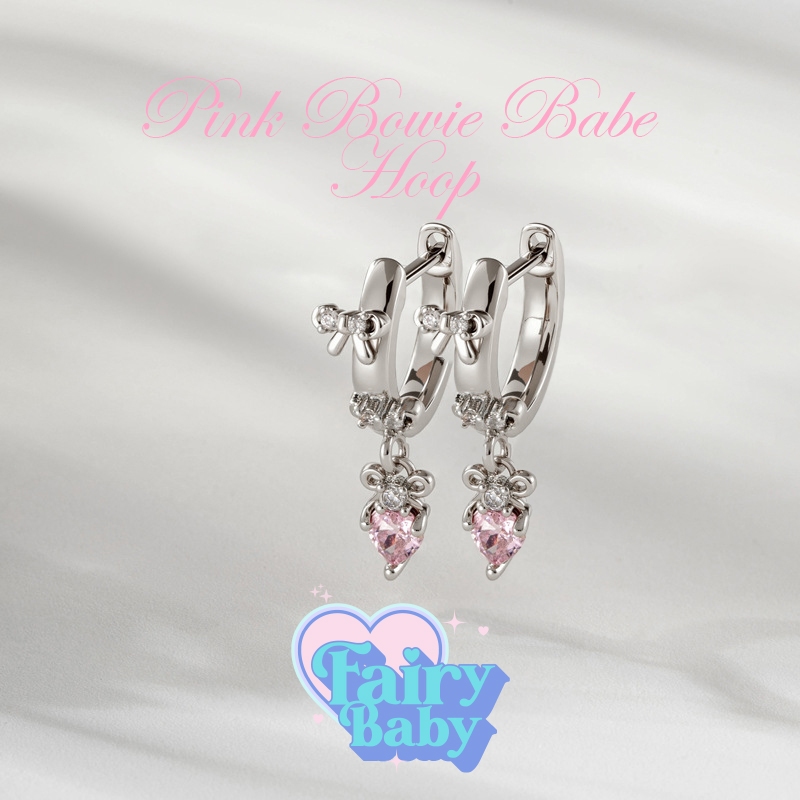 Fairybaby ต่างหูห่วง Pink Bowie Babe Hoop ( 1 คู่  ) ต่างหูห่วง รูปโบว์ ห้อยตุ้งติ้ง หัวใจ ประกาย สีชมพู (E2-091)
