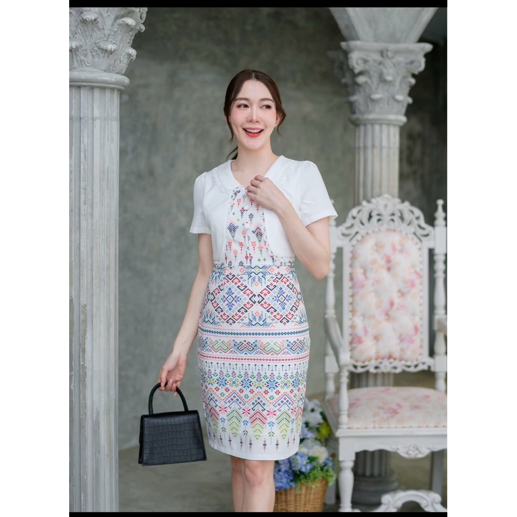 เดรส ผ้าพิมพ์ลายไทย ป้าย Phawi มือ1 สีขาว