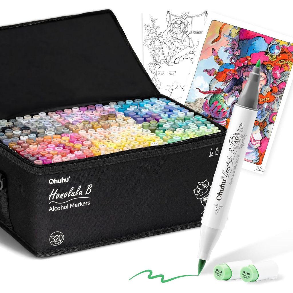 Ohuhu Marker Pen Brush Type 320 Colors Professional Favorite Illustration Marker Brush & Fine Tip In