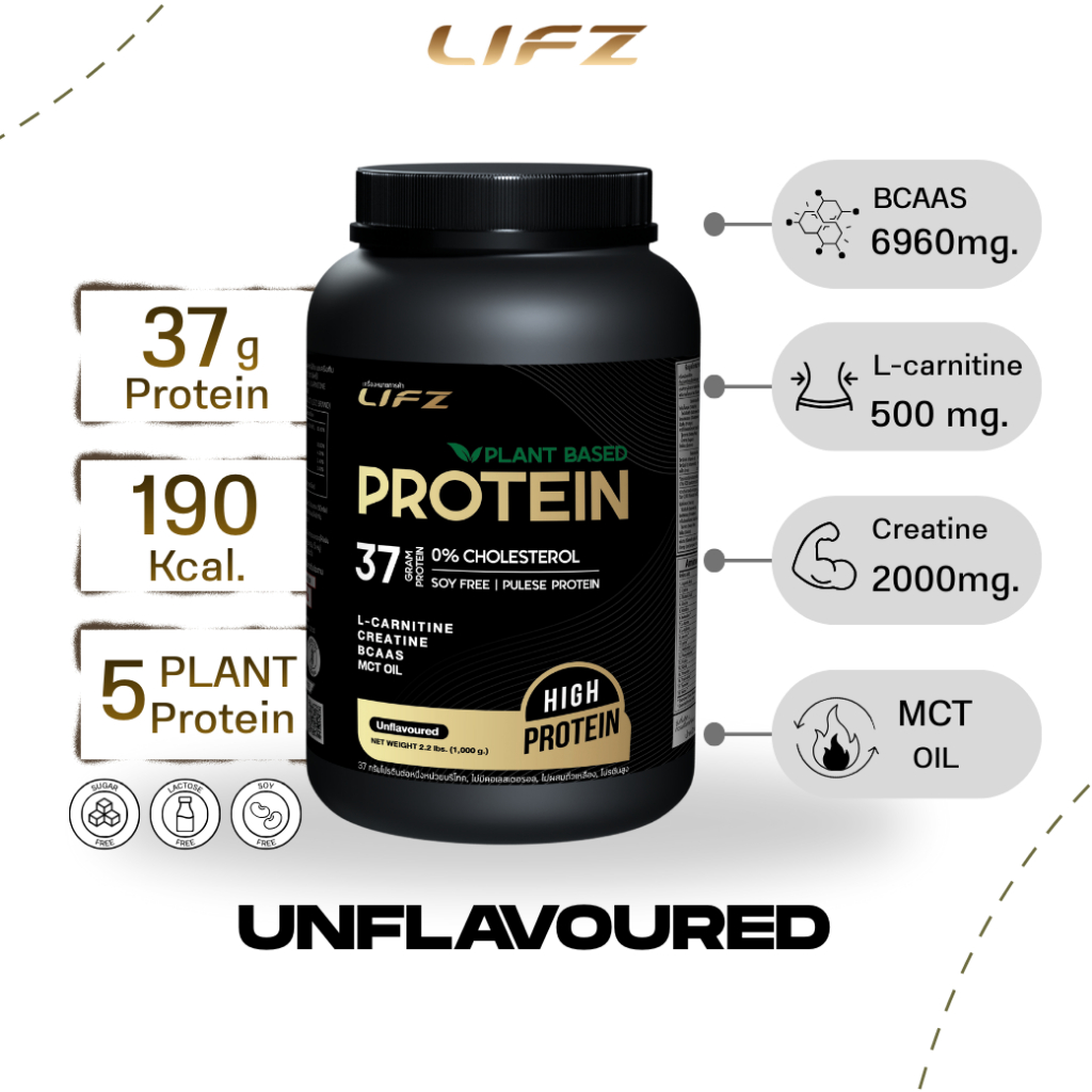 LIFZ SPORT PROTEIN โปรตีนจากพืช 5ชนิด โปรตีนสูง 37 กรัม High Protein เพิ่ม MCT OIL จากสูตรเดิม สร้างกล้ามเนื้อ ขนาด1000g