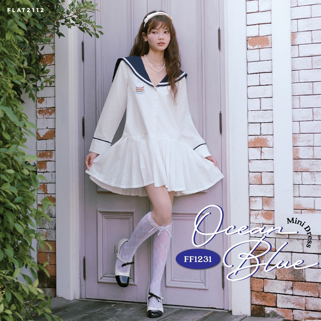 FLAT2112 : OCEAN BLUE MINI DRESS เดรสสั้นสีขาวสไตล์ Sailor สไตล์เกาหลี เดรสน่ารัก ใส่ได้หลายโอกาส ใส่แล้วดูหวาน (FF1231)