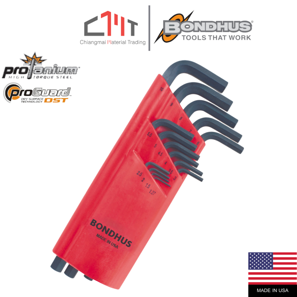 BONDHUS  ประแจหกเหลี่ยมตัวแอล แบบยาว 15ตัวชุด ขนาด 1.27 - 10mm.(มิล) No.12195