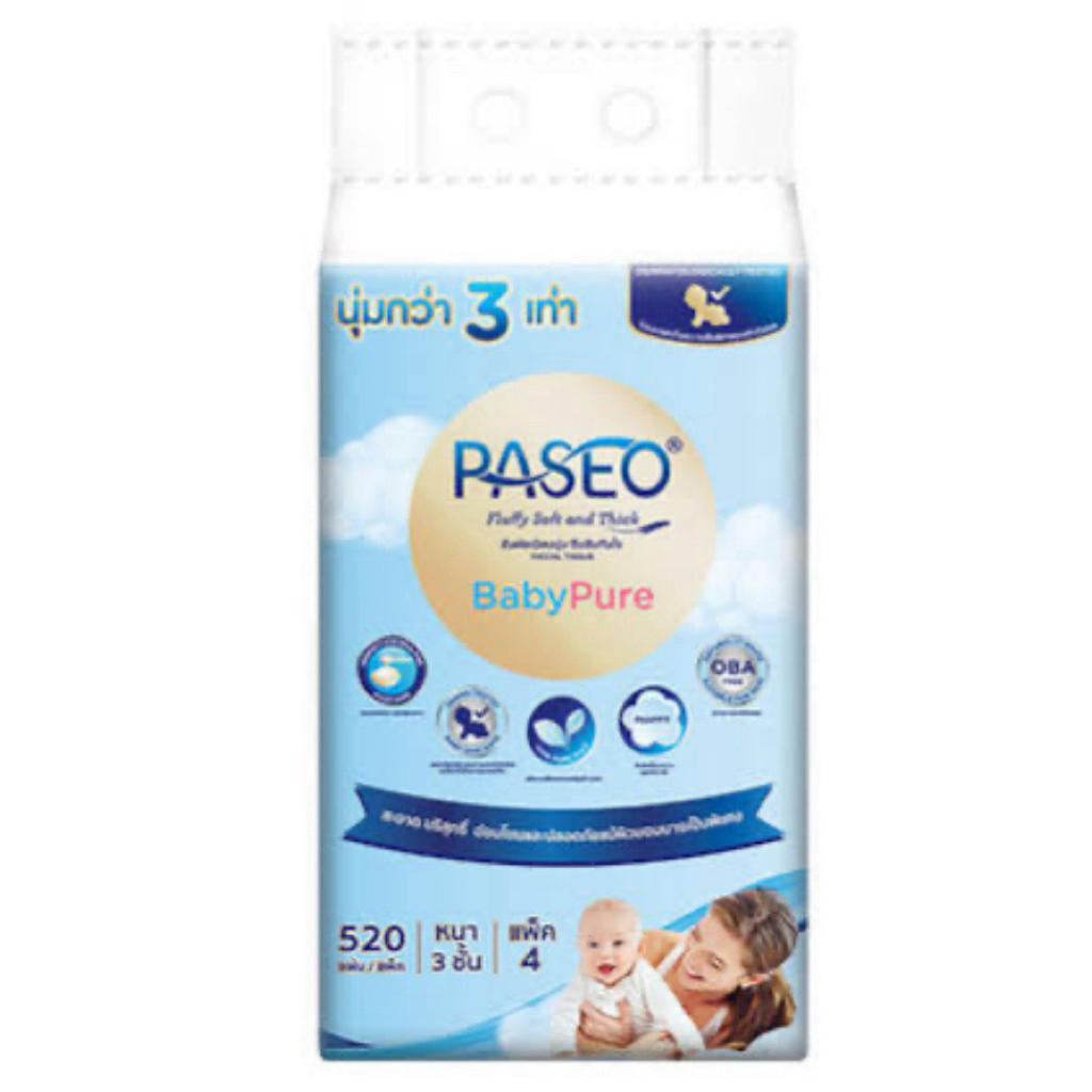 กระดาษเช็ดหน้า Paseo หนา 3 ชั้น 130 แผ่น แพ็ค 4 ห่อ เนียนนุ่ม ไม่ระคายเคือง