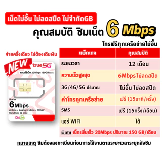 [ Liveแบบ 3 ] ซิมเทพ ทรู TRUE cmlink เน็ตรายปี 6Mbps ไม่อั้น ไม่ลดสปีด ฟรีเน็ต30Mbps* +โทรฟรีทุกค่าย* +SMSฟรี* นาน 1ปี