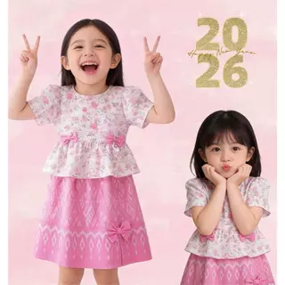 BB190 ชุดไทยเด็กผู้หญิง โทนชมพูหวาน ลายดอกไม้ + กระโปรงลายไทย มีโบว์ น่ารักมาก
