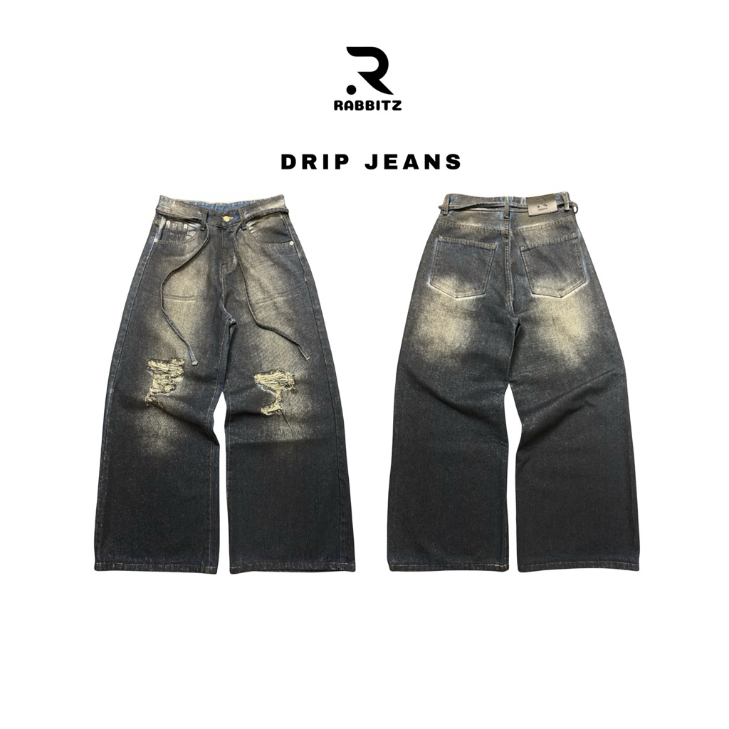 กางเกงยีนส์แต่งขาดกระบอกใหญ่ Drip jeans[ มีเชือกแถม] สีMidnight เข้ม ฟอกเฟดดำฟีลสตรีท ช/ญ ใส่ได้ | พ