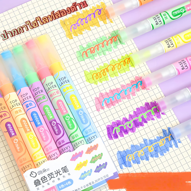 ปากกาไฮไลท์เตอร์ สองหัว สีซ้อน 6 ชิ้น/เซ็ต สีแคนดี้ สร้างสรรค์ สำหรับนักเรียน ตกแต่งสมุด Journal DIY