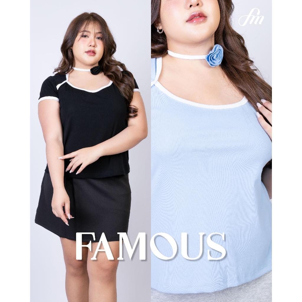 Famous เสื้อคอเหลี่ยมแต่งเชือกกุหลาบ #FMBL-F1T072