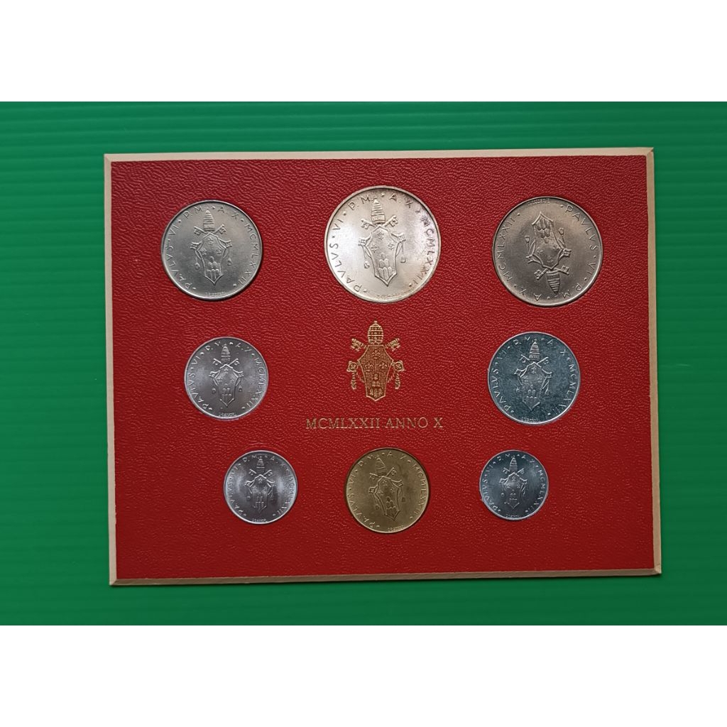 Vatican City 8 Coins Mint Set with Silver 500 Lire 1972 #เนื้อเงิน .835 Silver