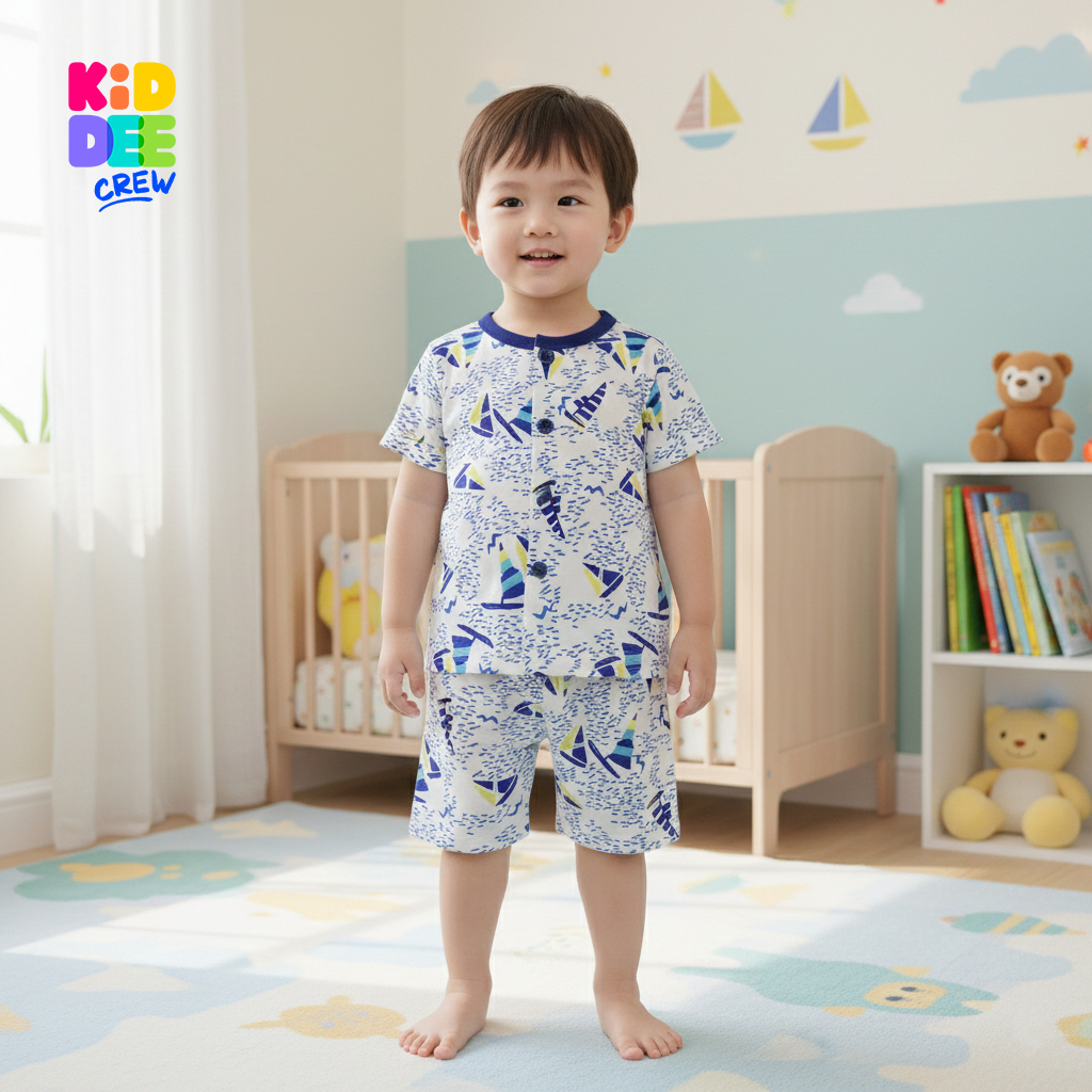KiddeeCrew ชุดนอนเด็ก แขนสั้นขาสั้น สีครีมเรือใบ เหมาะสำหรับอายุ 1-12 ปี