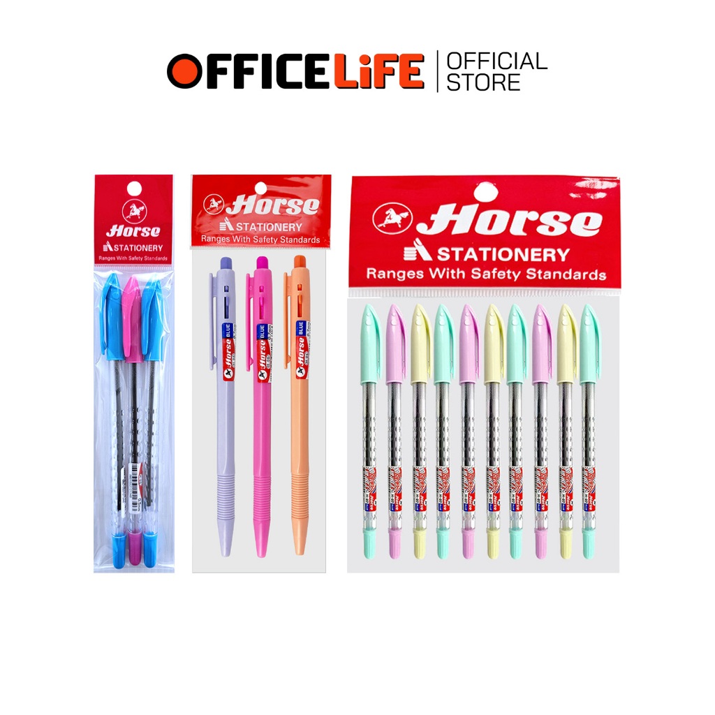 Horse (ตราม้า) ปากกาลูกลื่น ปากกา รุ่น H-05 / H-06 / H-07 (แพ็ค 3 ด้าม / คละสี)