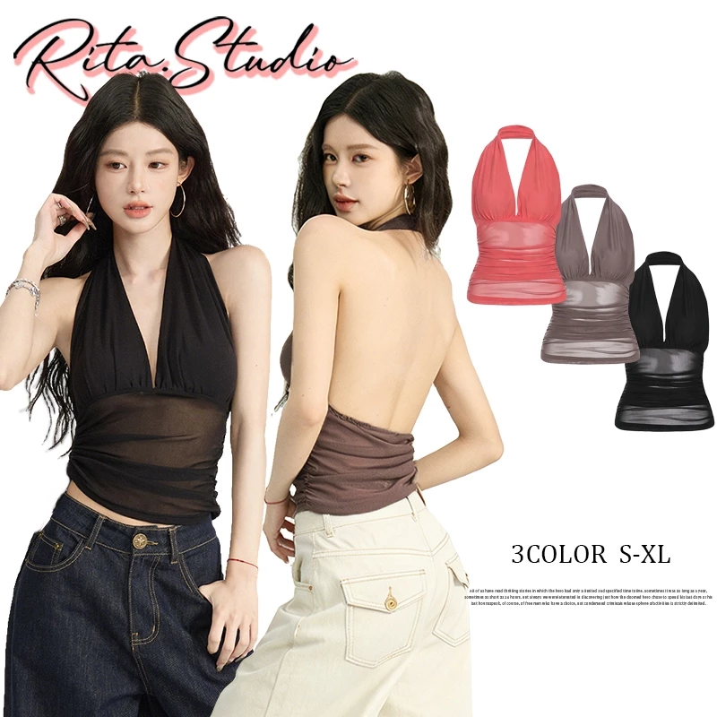RITA พร้อมส่ง🍒เสื้อคล้องคอ เสื้อครอป เสื้อครอป คอวีลึก เว้าหน้าอกและเปิดหลัง สีพื้น จับจีบเข้ารูป ใส่สบาย สวยดูแพง เซ็กซ