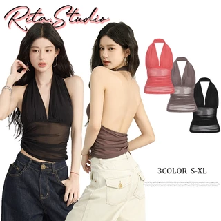 RITA พร้อมส่ง🍒เสื้อคล้องคอ เสื้อครอป เสื้อครอป คอวีลึก เว้าหน้าอกและเปิดหลัง สีพื้น จับจีบเข้ารูป ใส่สบาย สวยดูแพง เซ็กซ