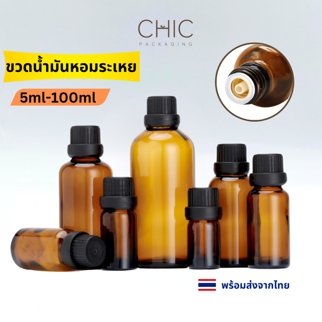 พร้อมส่ง ขวดน้ำมันหอมระเหยอโรม่า 5/10/15/20/30/50/100ml มีจุกหยดสาร ใส่น้ำหอม น้ำมันนวด ขวดแก้วสีชา