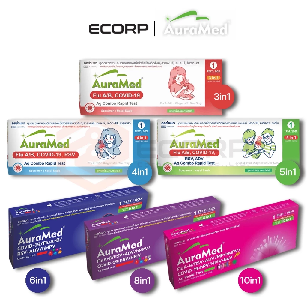 Auramed ชุดตรวจไข้หวัด 10 สายพันธุ์ ออร่าเมด FluA+B,RSV,ADV,MP,hMPV,COVID-19,hRV,HPIV,BoV Ag Rapid Test ชุดตรวจไข้หวัด