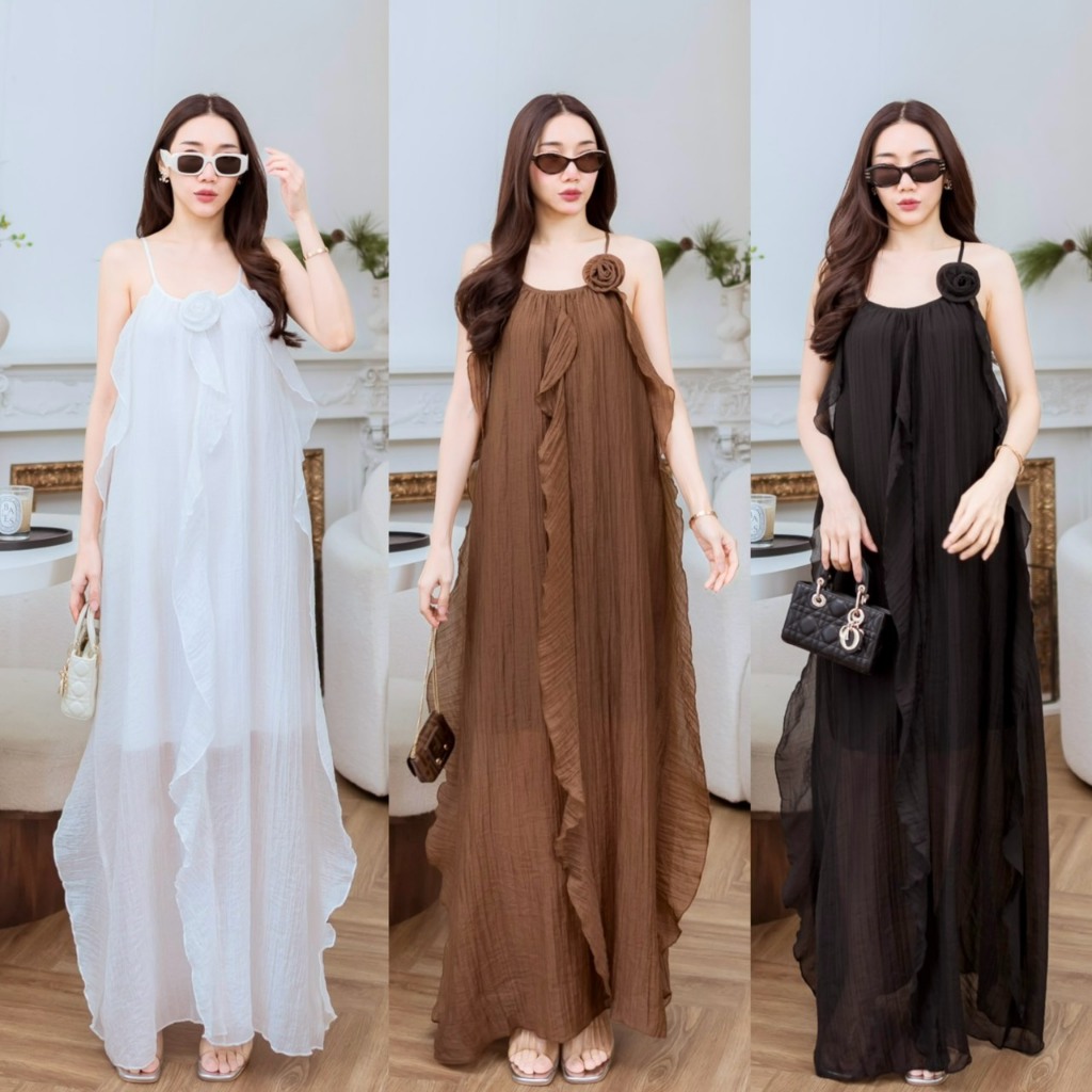 J1911 JiraClothing แม็กซี่เดรสสายเดี่ยวแต่งระบายรอบตัว