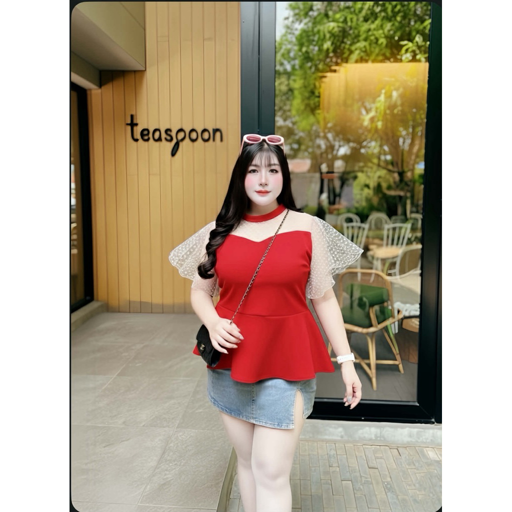 เสื้อแต่งแขนระบายมุ้งจุดกำมะหยี่ ไซส์ใหญ่ เสื้อสำหรับสาวอวบอ้วนใส่งานบุญ งานแต่ง อก46-56ใส่พรางหุ่นสวยมาก - รูปที่ 4