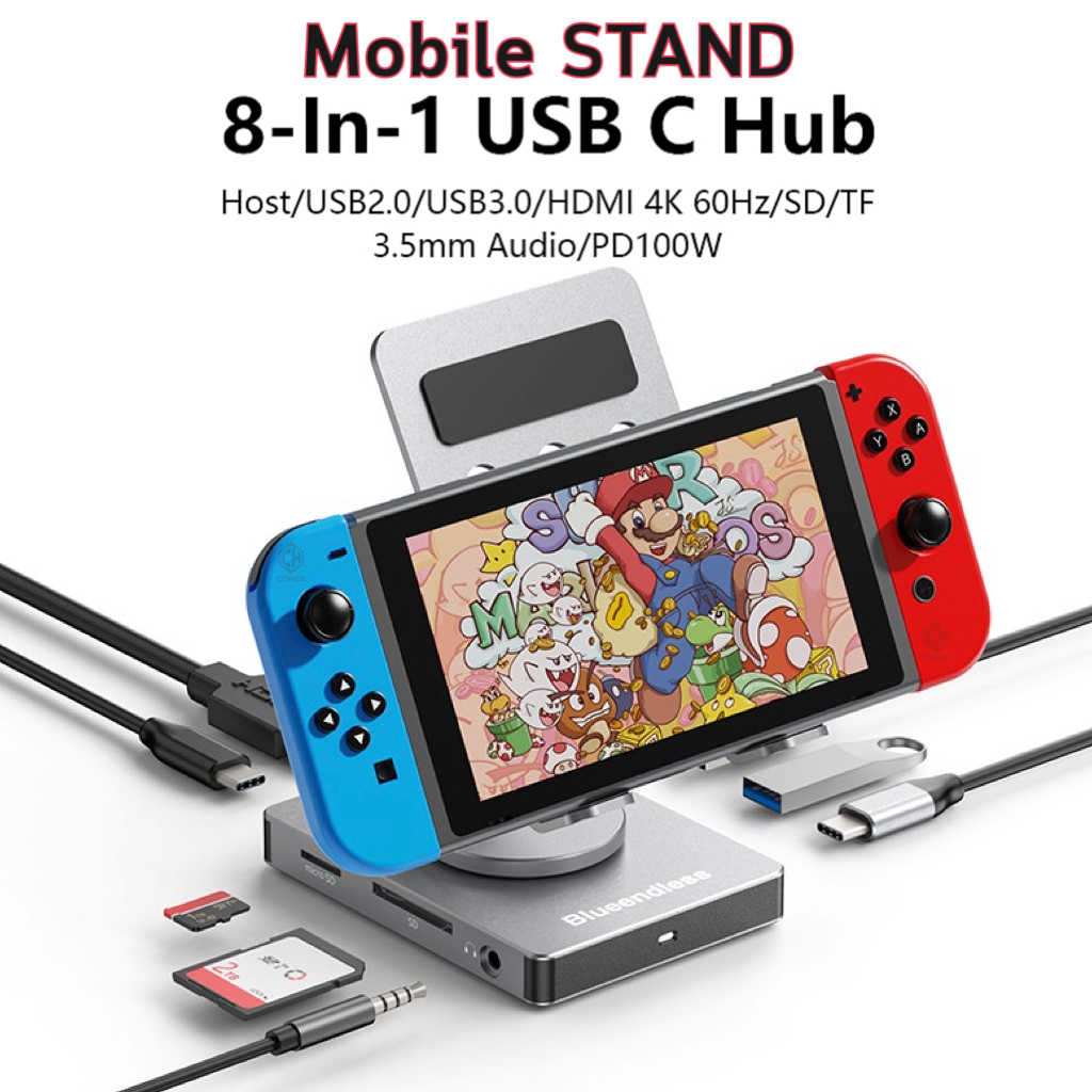 CONEX Mobile Phone STAND 360º TypeC HUB 8 IN 1 Docking Station 4K@60Hz HDMI/USB 3.0/SD TF/PD100W ขาต