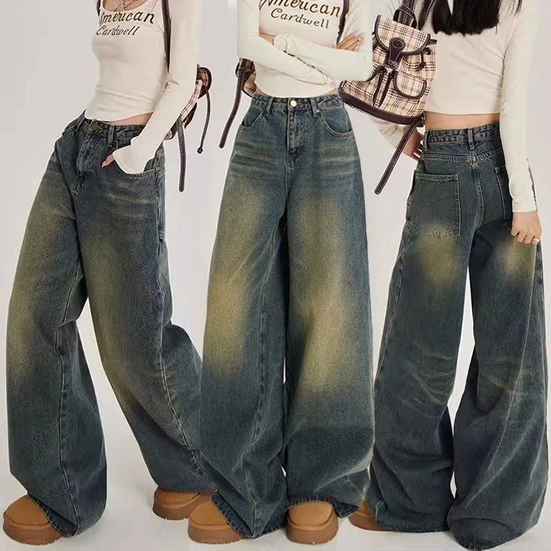 S-5XL~Baggy Jeans Retro color Denim กางเกงยีนส์ทรงตรงสไตล์เรโทรอินเทรนด์ กางเกงลำลองทรงหลวมเอวสูงทรงหลวมอเนกประสงค์ HOT