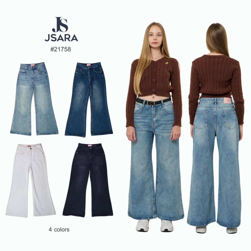 Jsara  Flare jeans รุ่นเนื้อผ้าไม่ยืด เอวสูง ปลายขาบ ใส่สบายและมีสไตล์ เหมาะสำหรับทุกโอกาส 4 สี ขายา