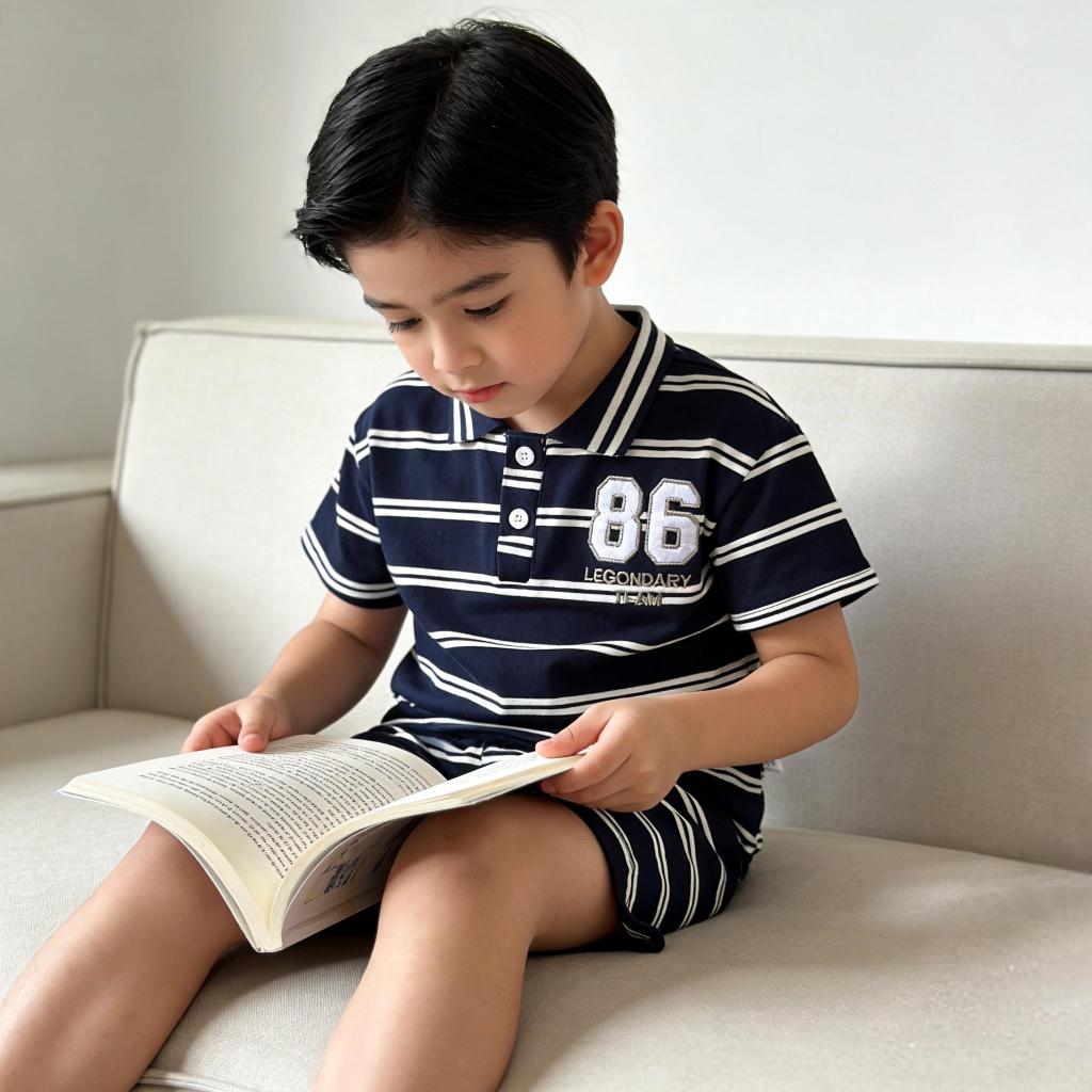 【COD】SUNKIDS ชุดเด็กผู้ชาย โปโลแขนสั้นลายขีด – สีขาวดำ/น้ำเงินขาว，ติดลายตัวเลขสวยงาม，กับกางเกงขาสั้นสวมสบาย。ผ้าเนื้ออ่อน ราคา ถูกที่สุด ดีลบีเคเค แกลเลอรีภาพที่ 6