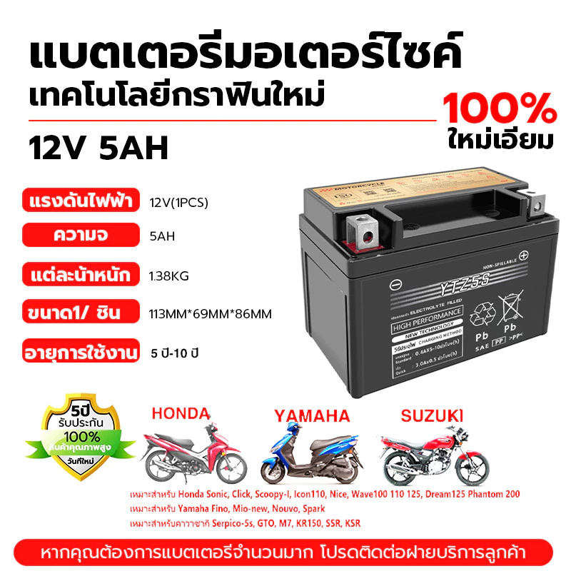 แบตยัวซ่า5แอมป์ 12v5ah YTZ5s แบตแห้ง wave dream click msx scoopy zoomer fino เวฟ110i มอเตอร์ไซค์