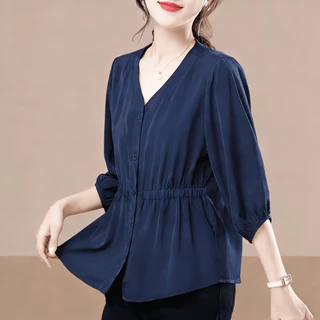 Red Berryเสื้อเบลาส์คอวีแขนสามส่วนสไตล์ฝรั่งเศสสำหรับผู้หญิง ประจำฤดูใบไม้ผลิ/ฤดูใบไม้ร่วงW683