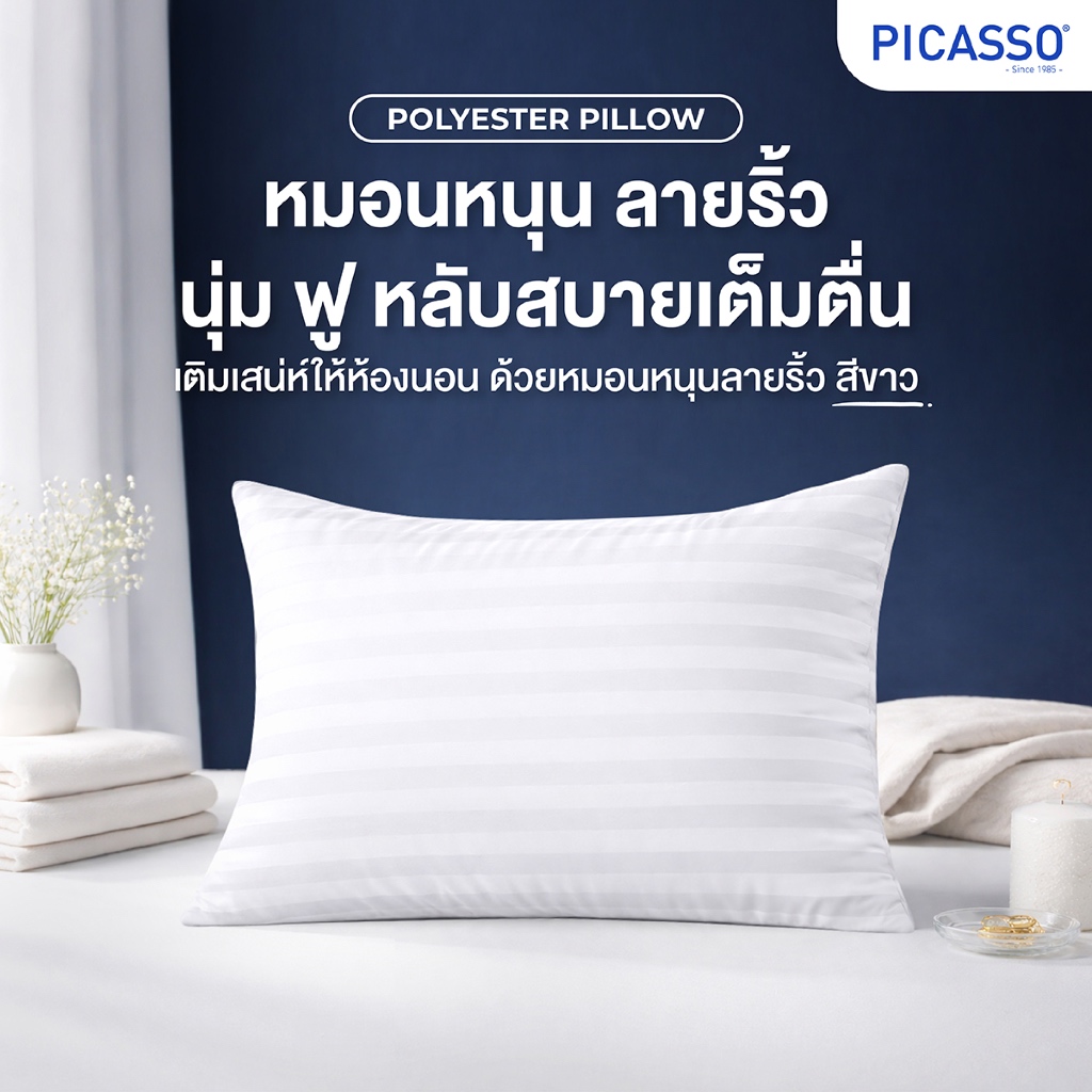 Picasso หมอนหนุนใยสังเคราะห์ รุ่น Smile ลายริ้ว สีขาว / ผ้าไมโครซาติน ขนาด19x29 นิ้ว