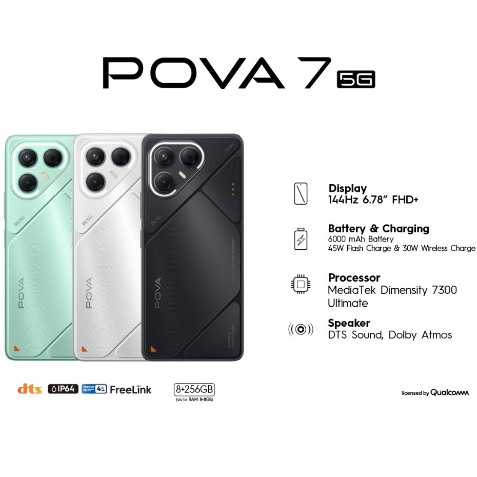 โทรศัพท์มือถือ Tecno Pova 7 5G (8+256) | 6000mAh 45W Wired| 6.78" FHD+ 144Hz| 50MP| รับประกัน 24 เดื