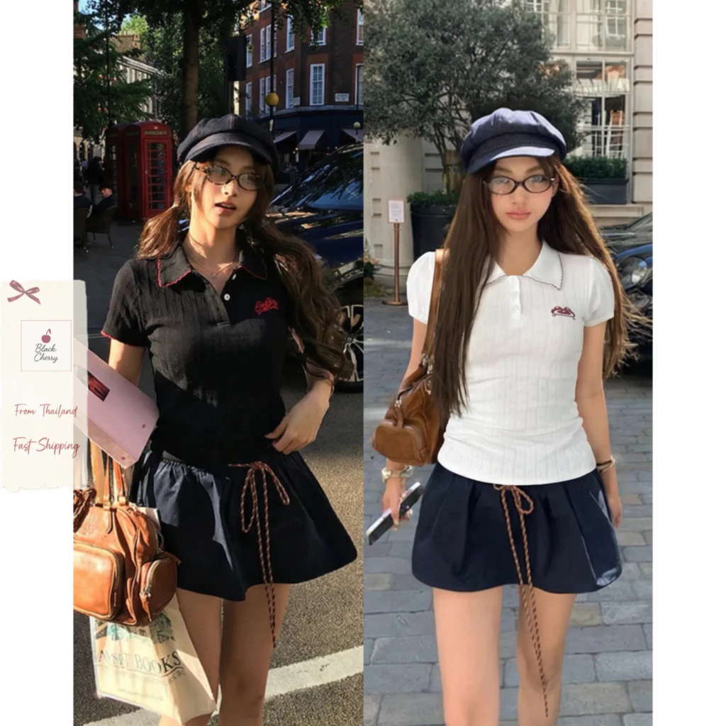 เสื้อแฟชั่นผู้หญิง เสื้อยืดแขนสั้น ปกโปโล ผ้าอยู่ทรง ทรงดี ใส่ง่าย ทุกวัน | Black Cherry
