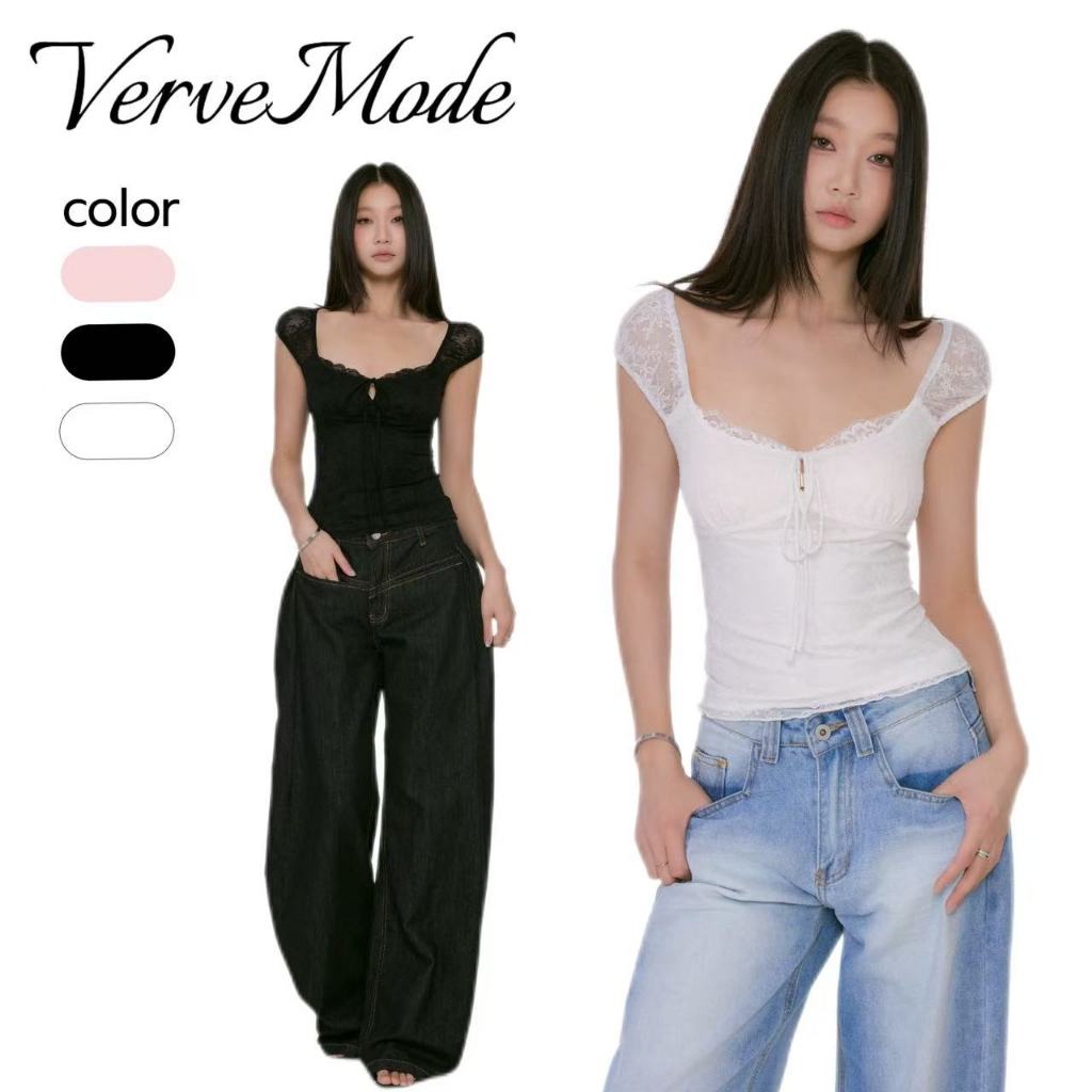 VerveMode. จัดส่งในประเทศไทย เสื้อยืดคอเหลี่ยมผูกโบว์โปร่งสีดำ/ขาว ทรงเข้ารูป เสื้อครอปขอบลูกไม้สำหรับผู้หญิงสำหรับหน้าร
