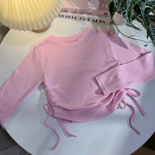 [526]เสื้อครอปคอกลม แขนยาว สายรูดข้าง ทรงสวย ผ้าร่องใส่สบาย