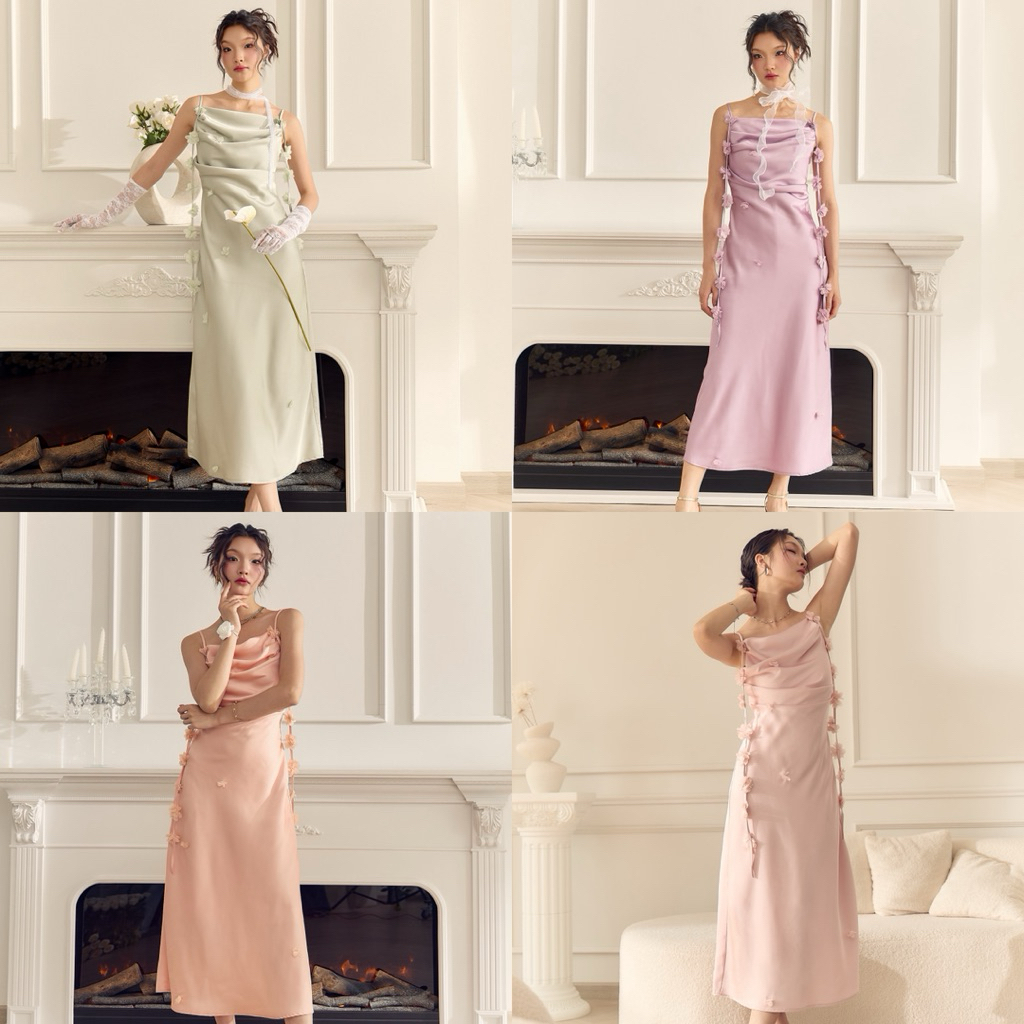 dressaffair - Bonnie dress เดรสผ้าซาตินยาว ดีเทลดอกไม้