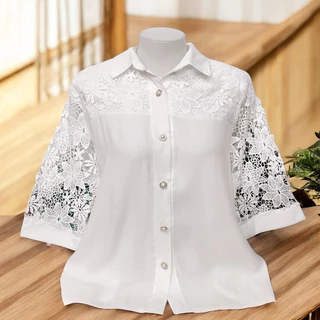 เสื้อใส่งานบุญ เสื้อผ้าลินินผสม เสื้อเซิ้ตกระดุมแขนลูกไม้ รอบอก38-42/44-46/48-52นิ้วฟรีไซส์ ยาว22/25นิ้ว
