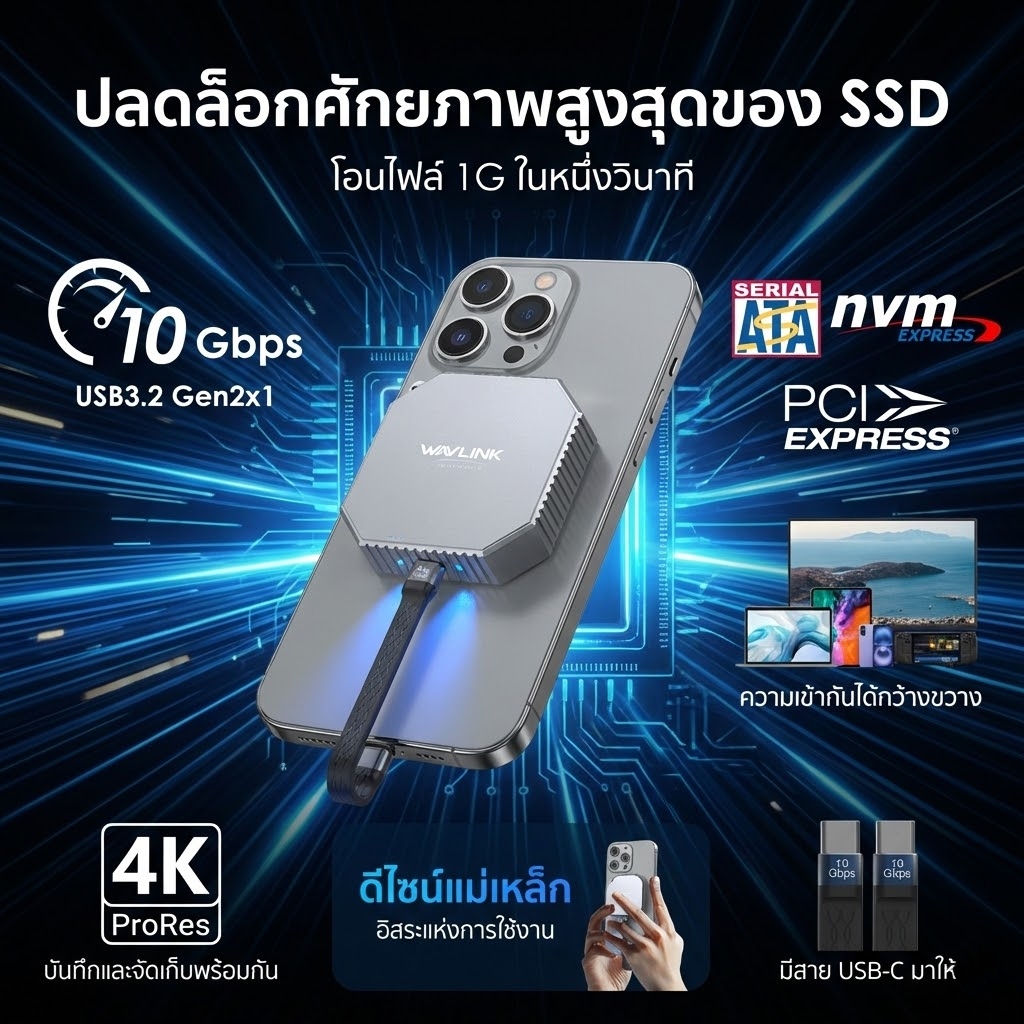 WAVLINK Magnetic M.2 2230 NVMe/SATA SSD Enclosure (รองรับสูงสุด 8TB)