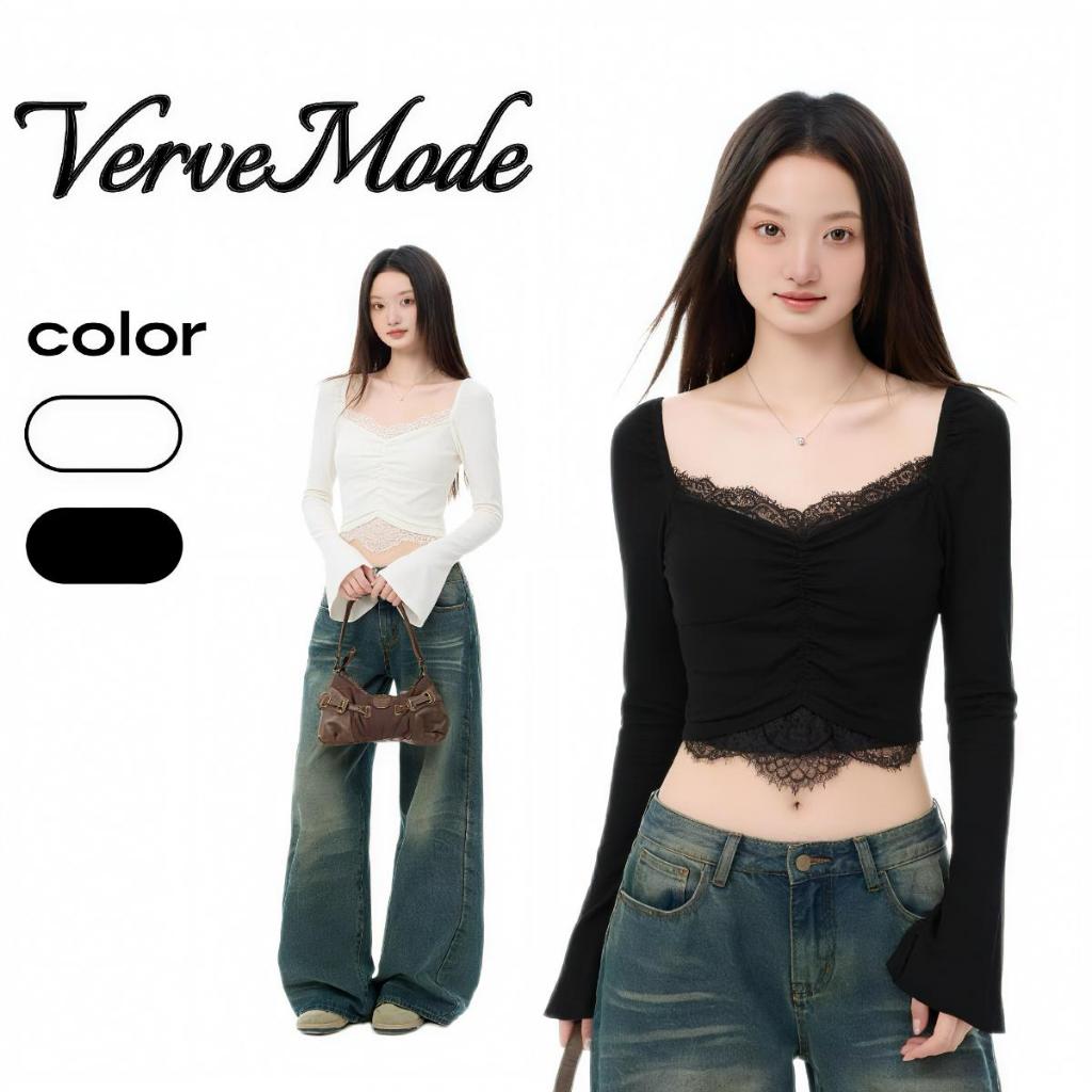 VerveMode.🍓 จัดส่งในประเทศไทย 🍓เสื้อยืดคอวีแขนยาวสีขาวสำหรับผู้หญิง ฤดูใบไม้ร่วง เสื้อตัวสั้นเข้ารูปลูกไม้เซ็กซี่