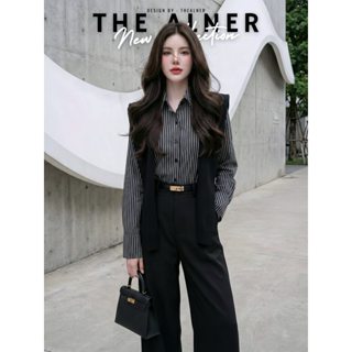 Thealner-AN643 (เซตเสื้อลายริ้ีวคอปกแขนยาวกางเกงขายาว+เข็มขั…