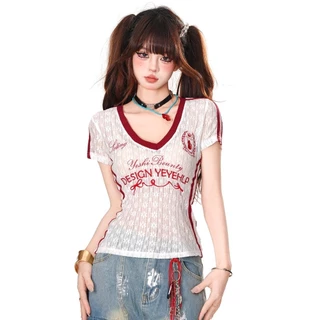 SuSu เสื้อผู้หญิงแขนสั้นคอวี ดีไซน์ลูกไม้บางโปร่ง เข้ารูป สไตล์เกาหลี ใส่สบาย ผ้า FY4776-0